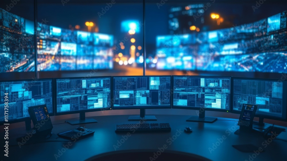 Nighttime control room; multiple monitors display data. Nighttime control room; multiple monitors display data.