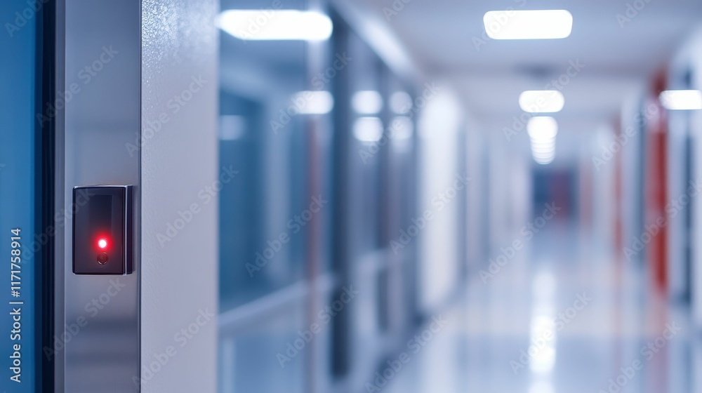 Red light illuminates access control device in hallway. Red light illuminates access control device in hallway.