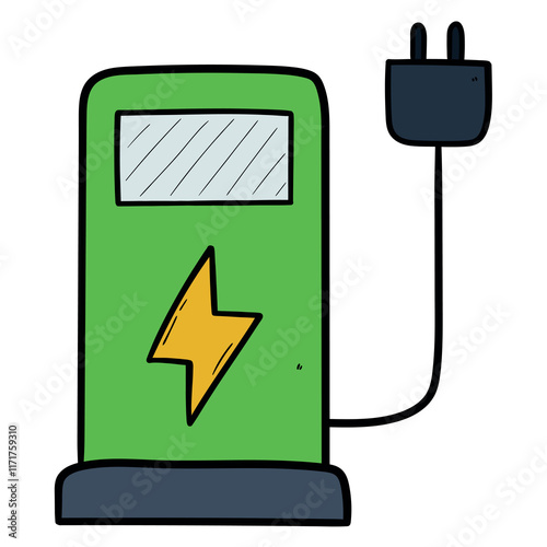 Hand drawn cartoon green electromobile charging station on white background.