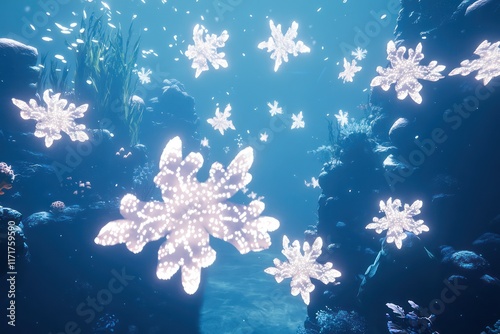 Crystal-clear underwater scenery with fish shaped like snowflakes, glowing softly in the dim light of the ocean's depths. photo