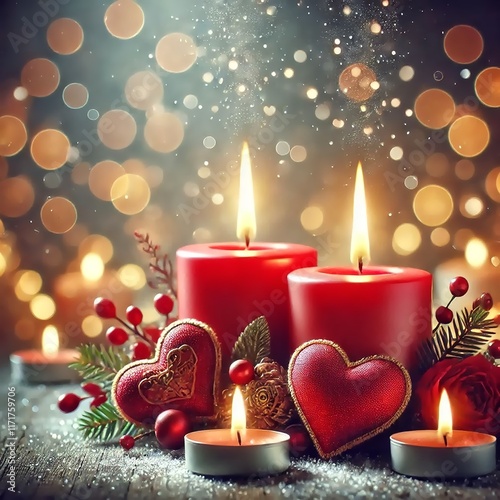 Valentine's Day, heart shaped candles on a wooden table with twinkling lights in the background create a warm and romantic atmosphere. photo