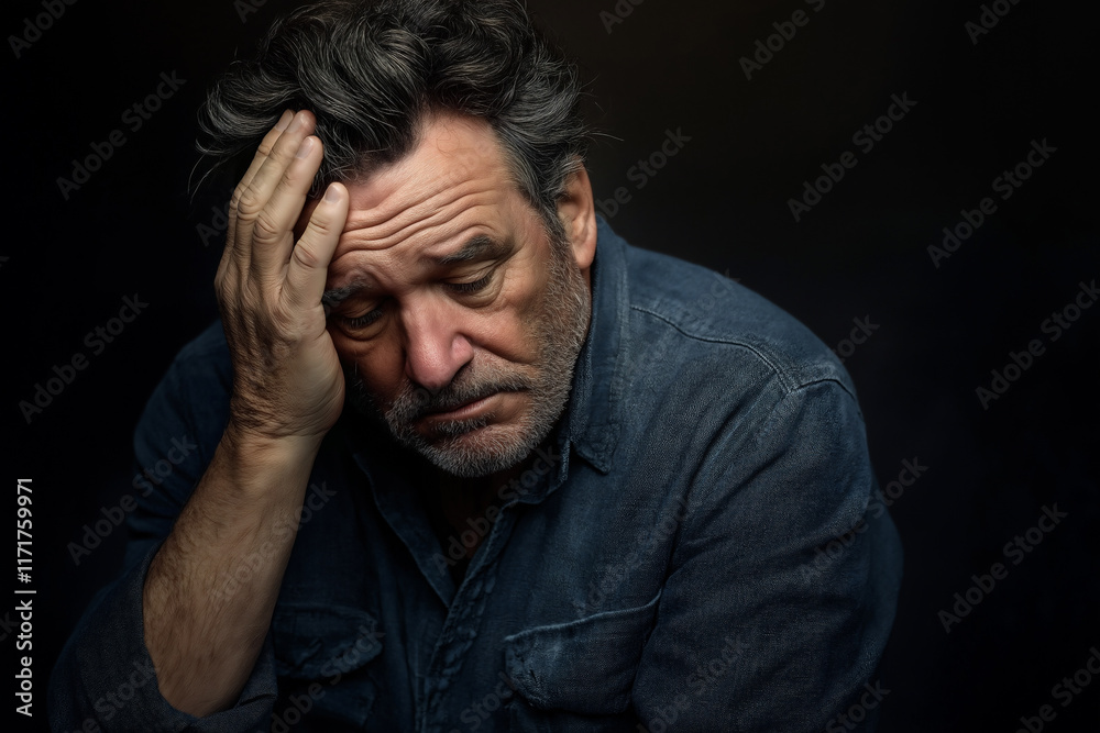 Middle-aged man expresses deep contemplation in a dimly lit space Middle-aged man expresses deep contemplation in a dimly lit space