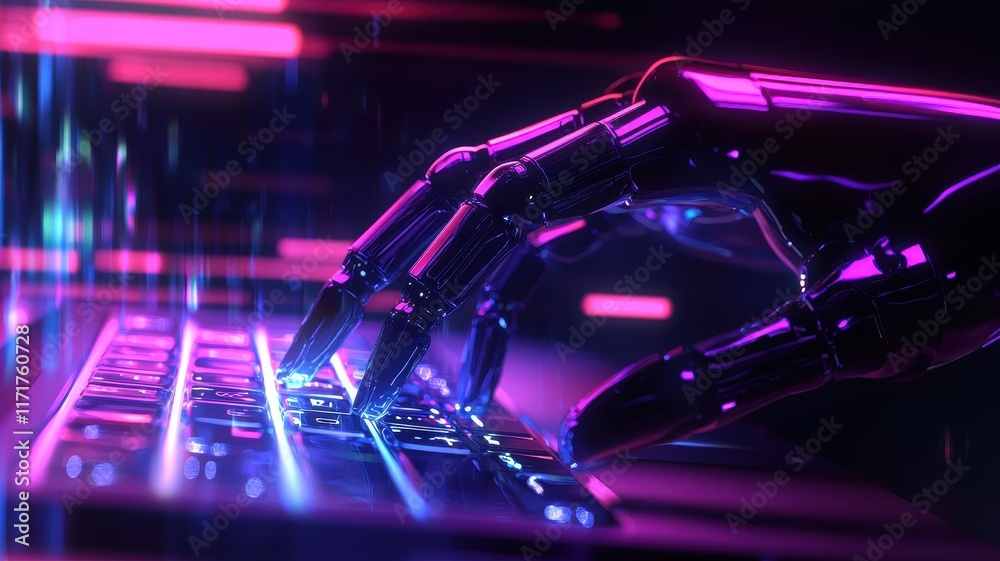 Message Cyberspace Concept. Futuristic robotic hand typing on a glowing keyboard in a neon-lit environment. Message Cyberspace Concept. Futuristic robotic hand typing on a glowing keyboard in a neon-lit environment.
