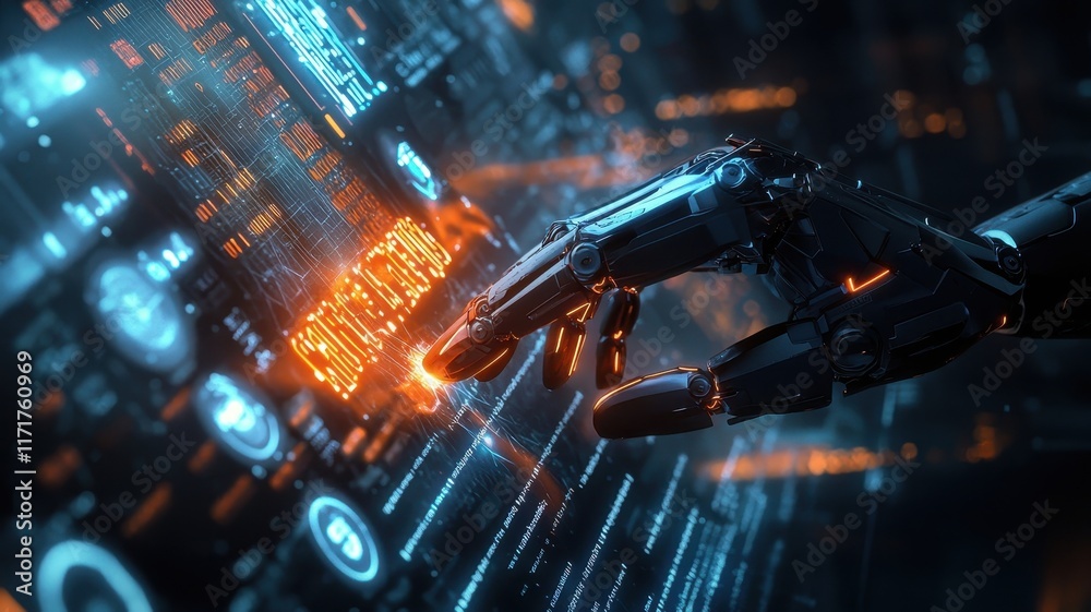 Message Cyberspace Concept. Futuristic robotic hand interacting with digital data and glowing interfaces. Message Cyberspace Concept. Futuristic robotic hand interacting with digital data and glowing interfaces.