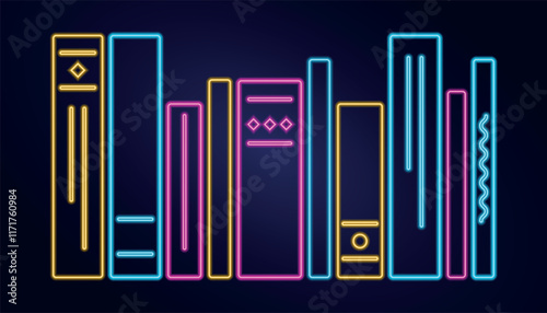 Neon group Books stand in Row on dark background. Fiction, stack textbooks, spines Literature. Illuminated signboard or banner for library. Light effect Contour elements. Isolated. Vector illustration
