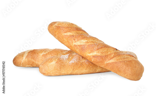 Three freshly baked baguettes isolated on white