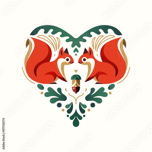 Decorative illustration of two squirrels in the shape of a heart, with an acorn and decorative elements. Vector Illustration. Good for greeting postcard, romantic event, Valentine's Day. 