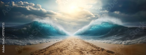 Sea parts allowing people pass. Passover illustration concept. Shevi'i shel Pesach. The splitting of the Sea occurred. 