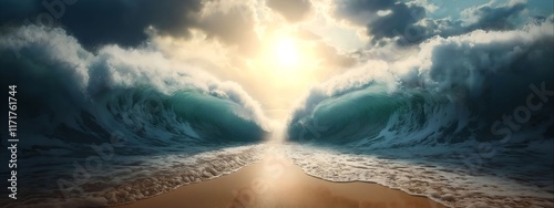 Sea parts allowing people pass. Passover illustration concept. Shevi'i shel Pesach. The splitting of the Sea occurred. 