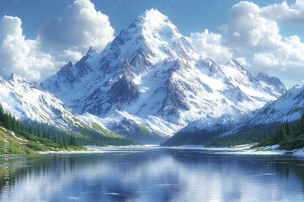 A mountain landscape transitioning from winter to spring, with snow-capped peaks, melting ice, and patches of green emerging in the valley. A mountain landscape transitioning from winter to spring, with snow-capped peaks, melting ice, and patches of green emerging in the valley.