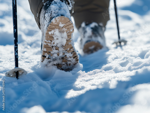 Person walking on snow-covered trail with trekking poles during a winter day photo