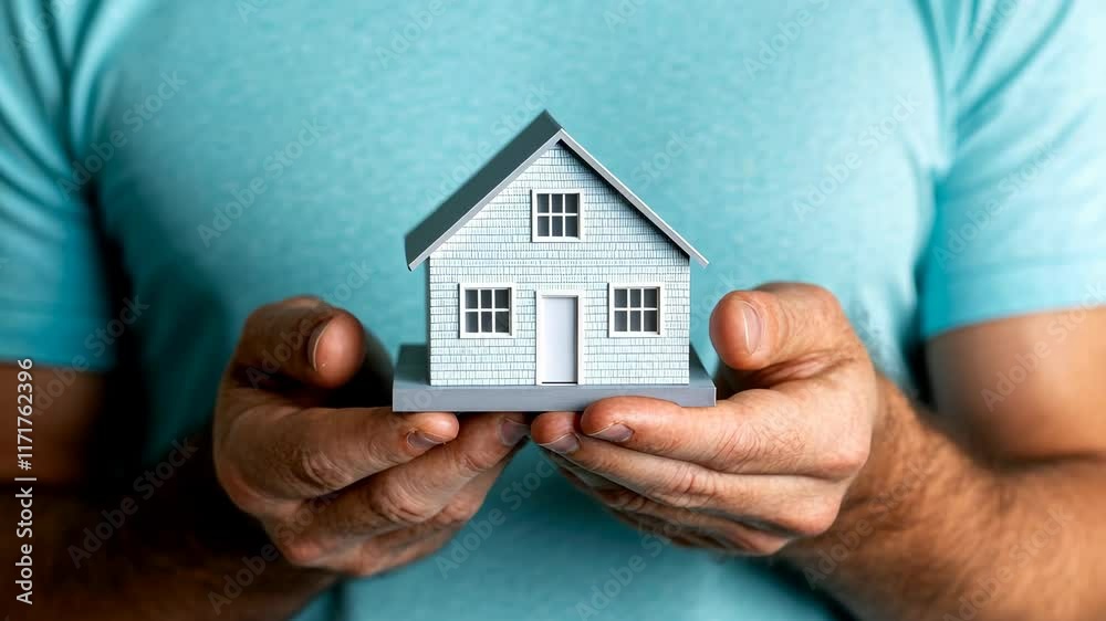 Hands holding miniature house model in closeup  symbolizing real estate investment concepts