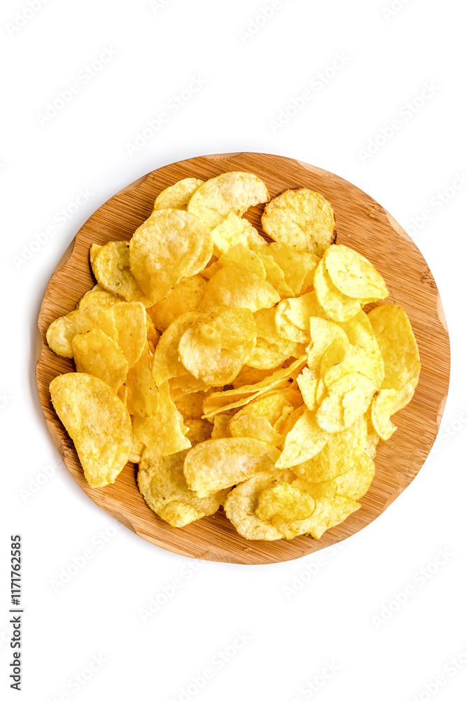 Junk food concept with heap of potato crisps on white background top view Junk food concept with heap of potato crisps on white background top view
