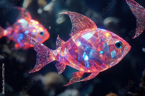 Fantasy-inspired fish shaped like radiant gemstones, glittering in natural underwater light. photo