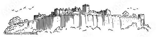 historic castle on a hill with fortified walls hand-drawn illustration
