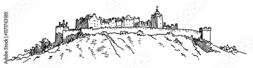 historic castle on a hill with fortified walls hand-drawn illustration