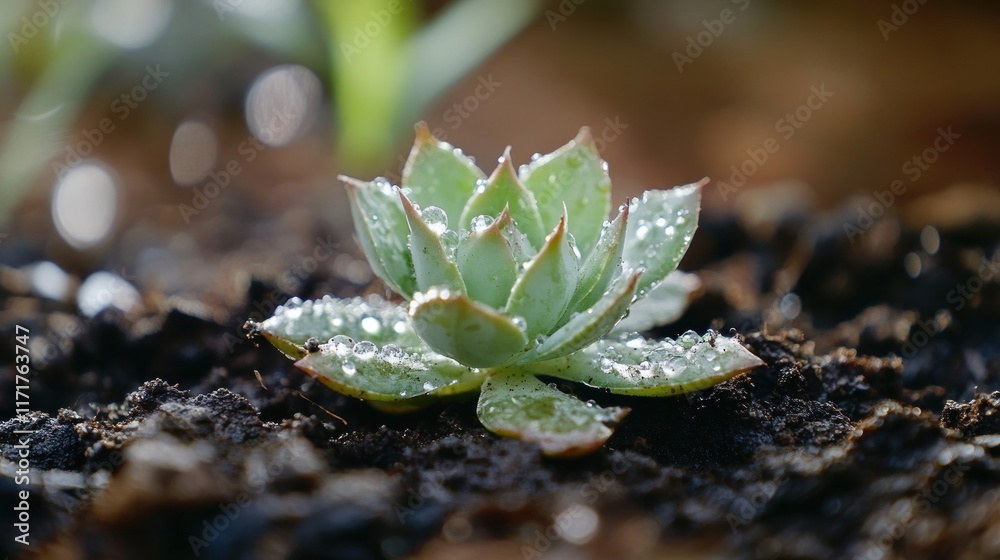 Dew-covered succulent plant in dark soil. Dew-covered succulent plant in dark soil.