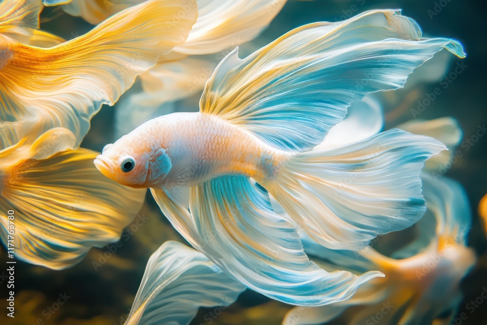 Fototapeta premium Fish resembling flowing ribbons of silk, shimmering in soft gold and blue as they glide through the water.