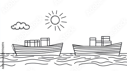 Cargo ships sailing sunny ocean, simple line art illustration photo