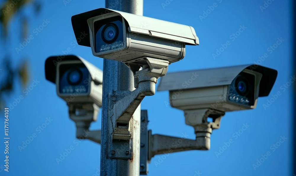 Three security cameras mounted on pole, clear sky. Three security cameras mounted on pole, clear sky.