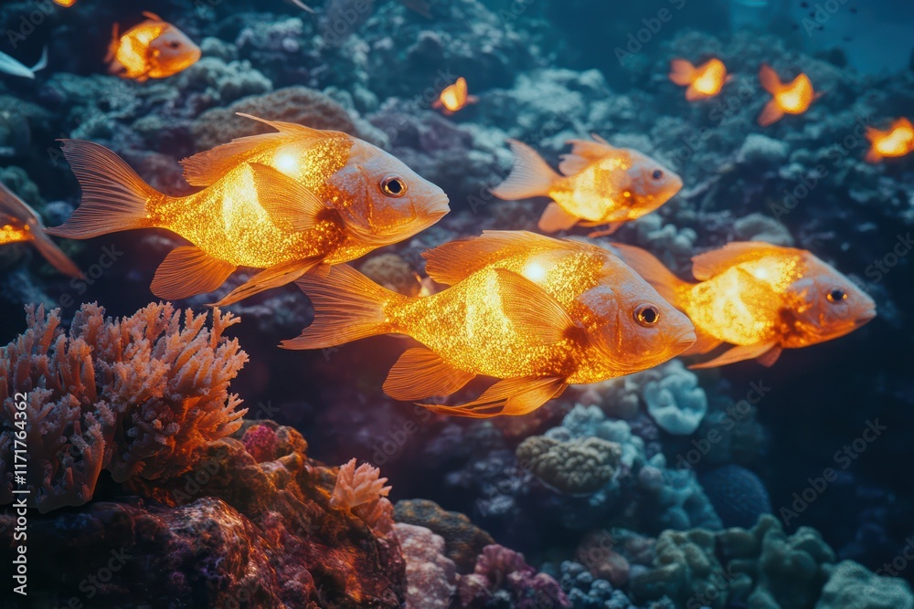 Fish resembling glowing lanterns, their bodies casting warm light over a coral-encrusted seabed. Fish resembling glowing lanterns, their bodies casting warm light over a coral-encrusted seabed.