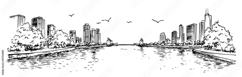 Fototapeta premium evening view of downtown Chicago with the river doodle hatching vector sketch