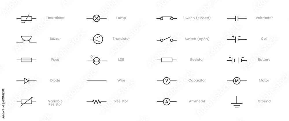 Collection of vector blueprint electronic circuit symbols - led, resistor, switch, capacitor, transformer, wire, lamp, zener, fuse, potentiometer, battery, ammeter, diode, voltmeter, cell, ground