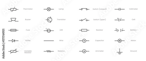 Collection of vector blueprint electronic circuit symbols - led, resistor, switch, capacitor, transformer, wire, lamp, zener, fuse, potentiometer, battery, ammeter, diode, voltmeter, cell, ground