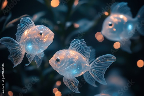 Fish shaped like celestial orbs, their translucent bodies glowing softly in hues of moonstone and celestial blue. photo