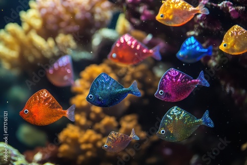 Fish shaped like colorful raindrops, shimmering in vibrant hues as they swim against the backdrop of a vivid coral reef.