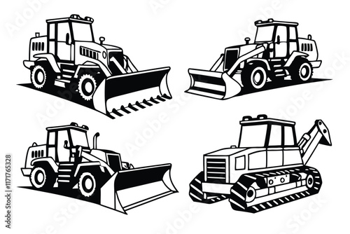 black and white Snowplow vehicle silhouette set on white background