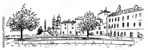 small square in Eger Hungary with a fountain doodle hatching vector sketch