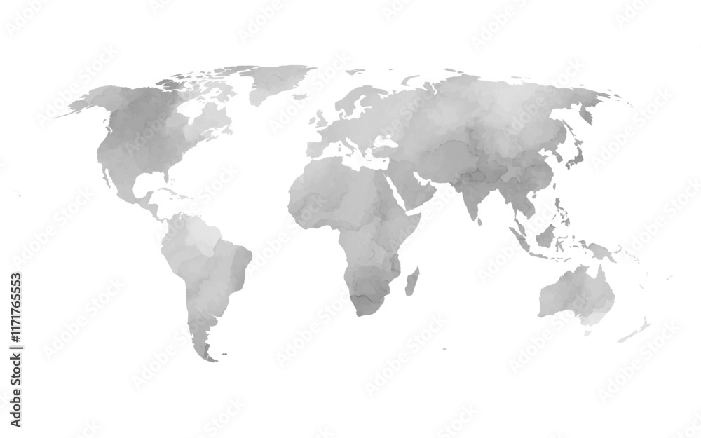 Fototapeta premium A detailed world map showcases watercolor textures in soft shades, emphasizing the continents and oceans in a visually appealing manner suitable for various design projects.