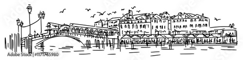 famous market on the Rialto Bridge in Venice doodle hatching vector sketch