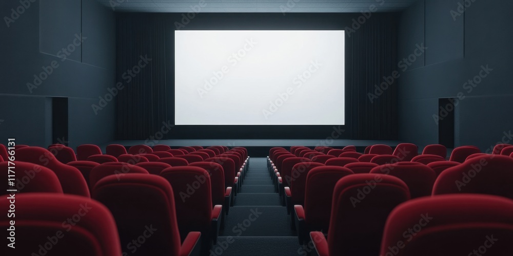 Fototapeta premium Empty movie theater with red seats and blank screen ready for screening