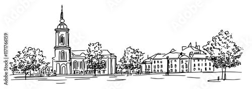 Cathedral Square in Vilnius doodle hatching vector sketch