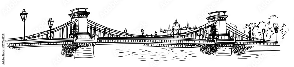 Lanterns on a bridge in Budapest doodle hatching vector sketch Lanterns on a bridge in Budapest doodle hatching vector sketch