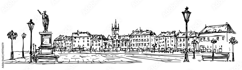 market square in Olomouc with historic statues doodle hatching vector sketch market square in Olomouc with historic statues doodle hatching vector sketch