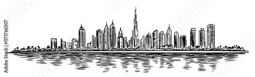 nighttime skyline of Dubai with reflections in the water doodle hatching vector sketch