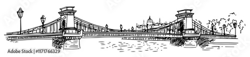 Lanterns on a bridge in Budapest doodle hatching vector sketch