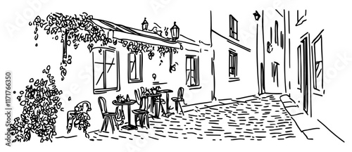 small alley in Lviv’s Old Town with cozy cafes doodle hatching vector sketch