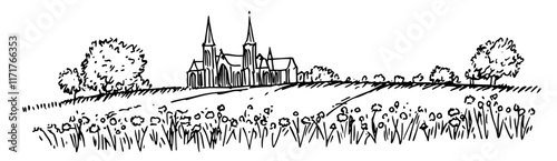 The Chartres Cathedral surrounded by flower fields doodle hatching vector sketch