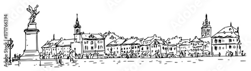 market square in Olomouc with historic statues doodle hatching vector sketch