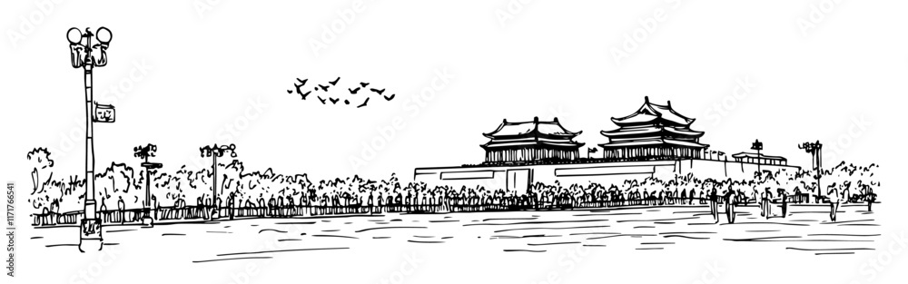 Fototapeta premium Forbidden City Tiananmen Square in Beijing China doodle hatching vector sketch
