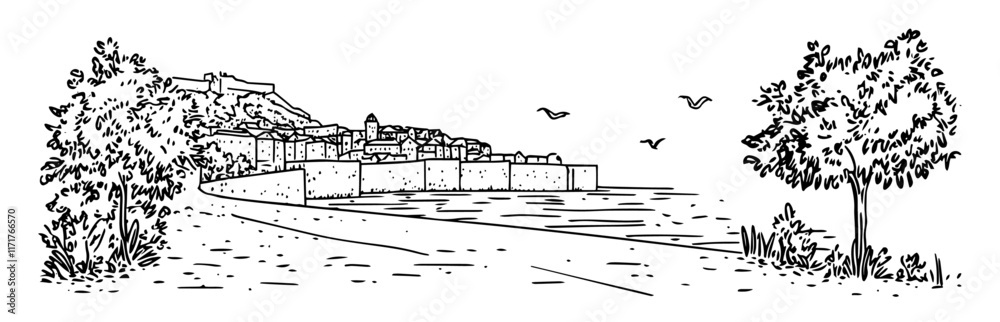 promenade in Dubrovnik with views of the sea and city walls doodle hatching vector sketch promenade in Dubrovnik with views of the sea and city walls doodle hatching vector sketch