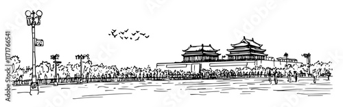 Forbidden City Tiananmen Square in Beijing China doodle hatching vector sketch