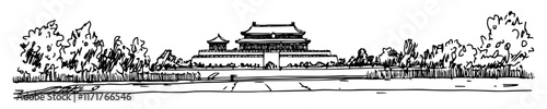 Forbidden City Tiananmen Square in Beijing China doodle hatching vector sketch