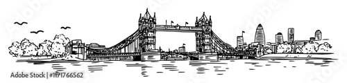 Photography view of Tower Bridge in London doodle hatching vector sketch