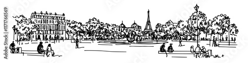 Place de la République in Paris France full of street artists doodle hatching vector sketch