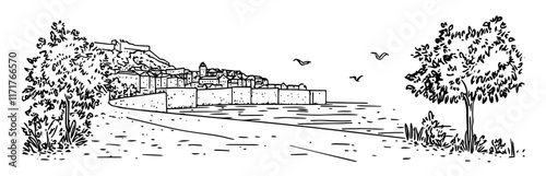 promenade in Dubrovnik with views of the sea and city walls doodle hatching vector sketch